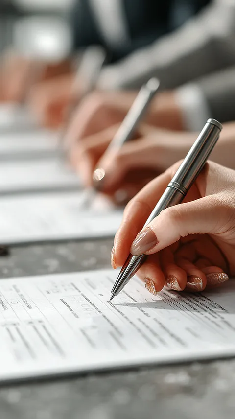 A hand signing a printed form with a pen