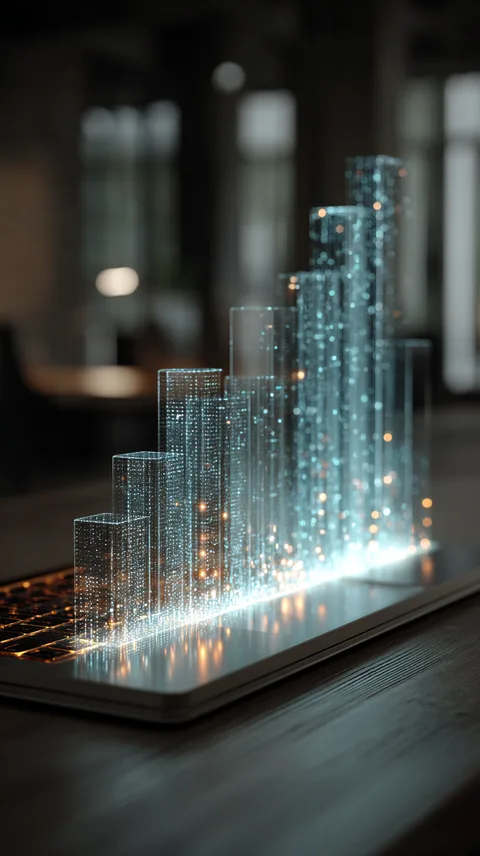 Holographic bar chart rising from a laptop