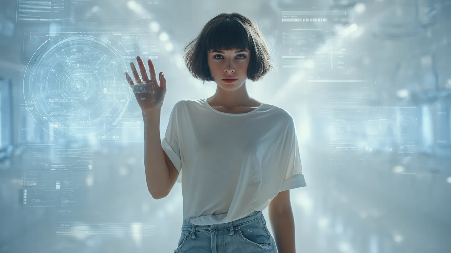 Alice, the AI Director, with her hand on a glass panel in a white corridor