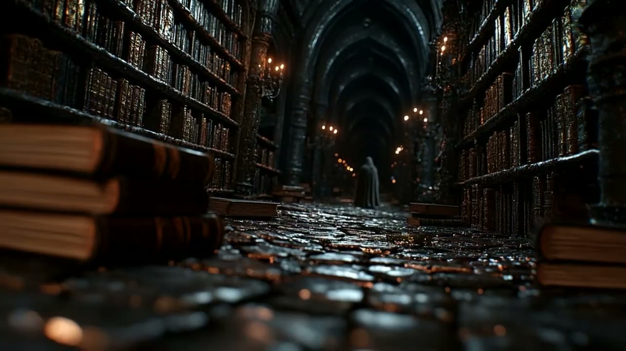 A library aisle at night, books fallen across the floor, lamplight on the shelves