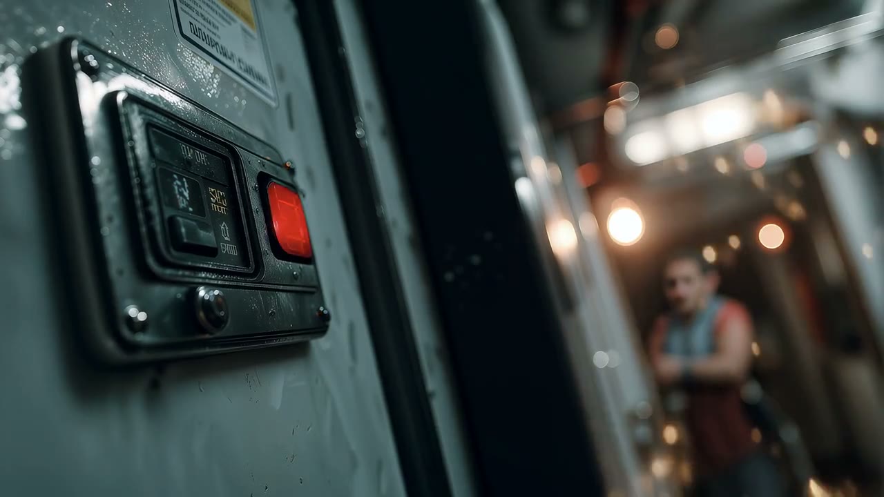 A red control panel in a dark corridor, one switch lit